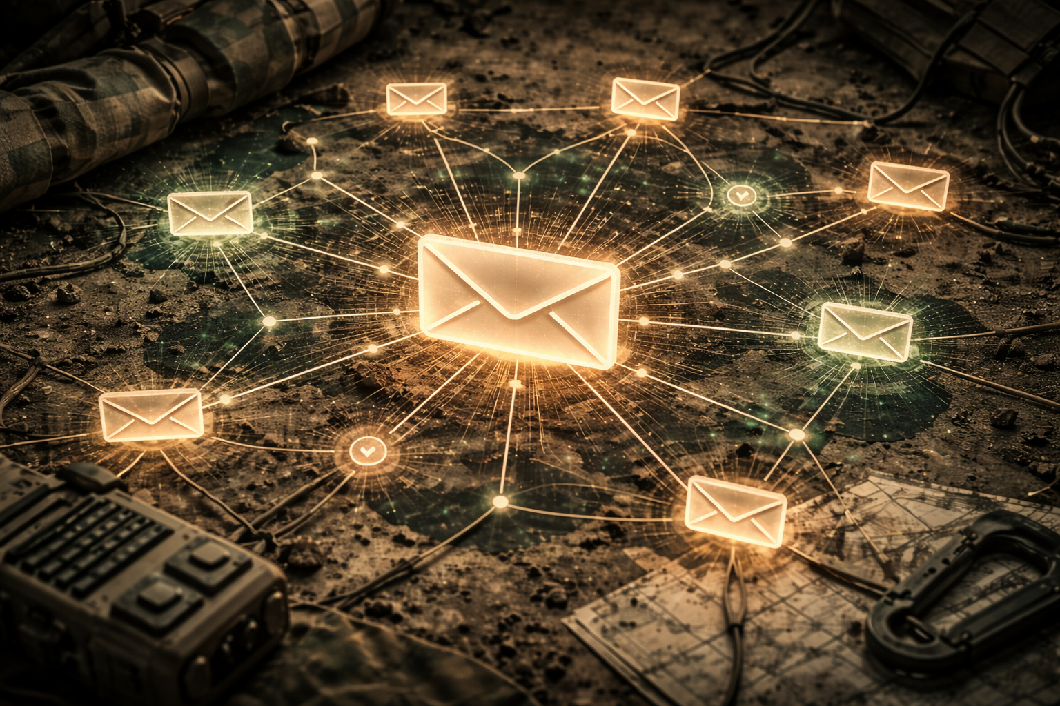 Glowing email icon connected to others on a map with tactical gear, illustrating network communication.