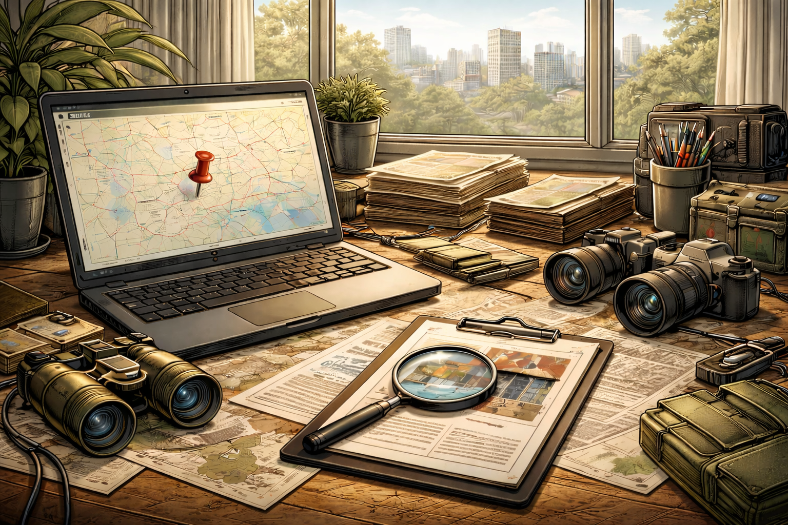 Desk with laptop, map, cameras, binoculars, and magnifying glass, by window with city view.