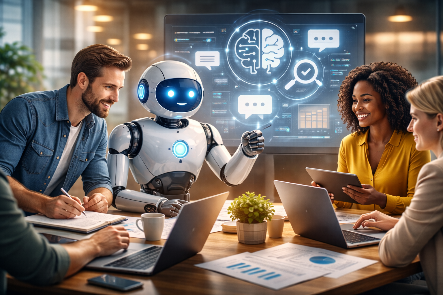 Robot and team in office setting, discussing ideas near a screen with brain graphic.