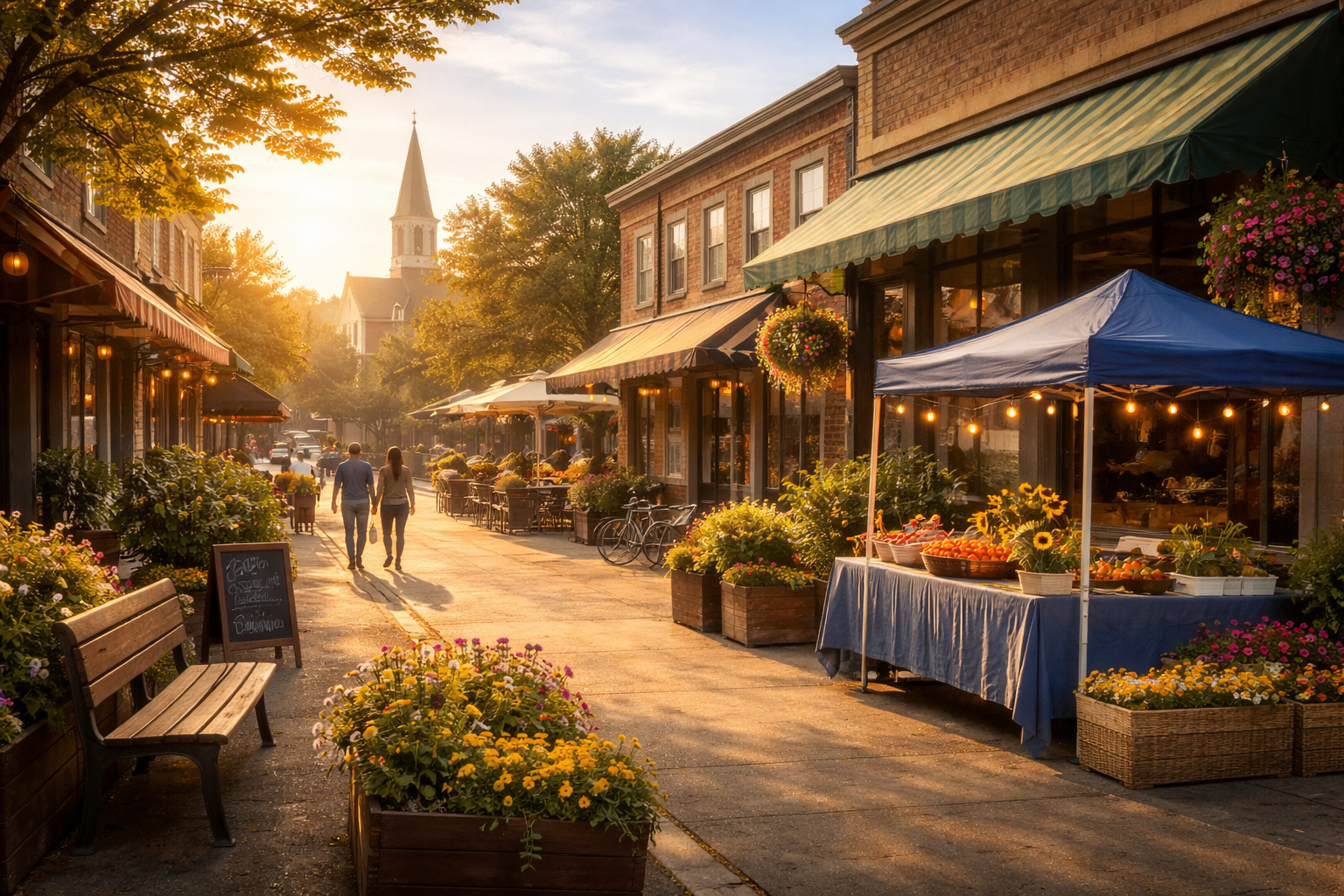 Sunlit street with shops, flowers, a couple walking, and a church steeple in the distance.