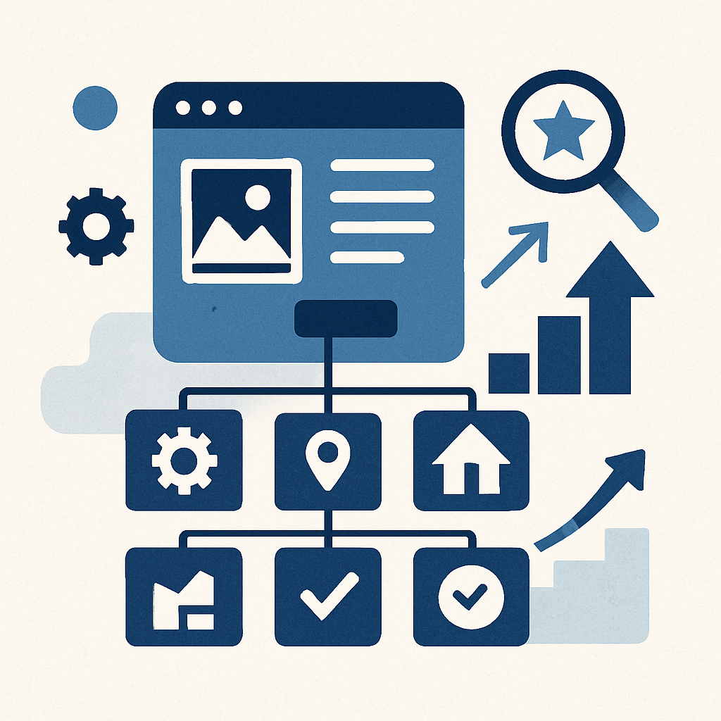 Website design and SEO optimization, featuring a website interface, analytics charts, and icons.