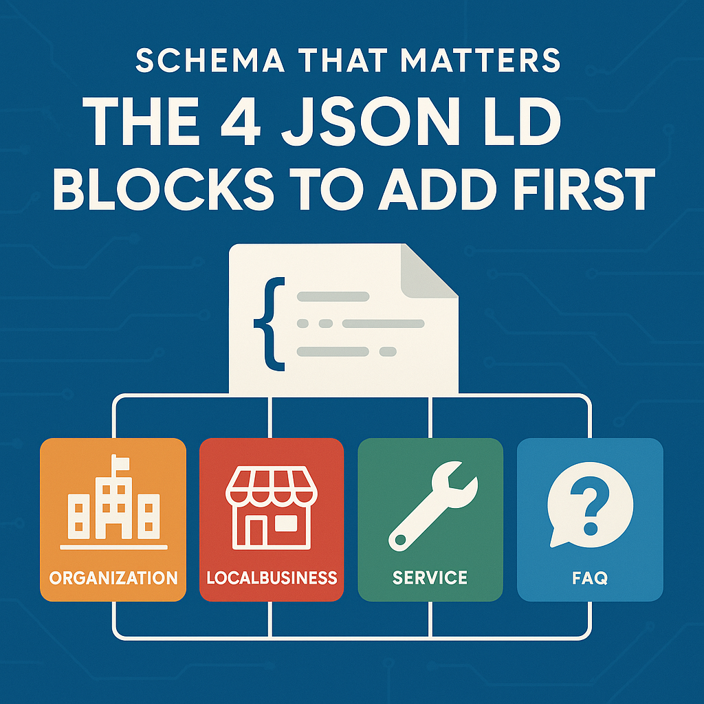 Diagram showing the four JSON-LD blocks to add first: Organization, Local Business, Service, and FAQ.