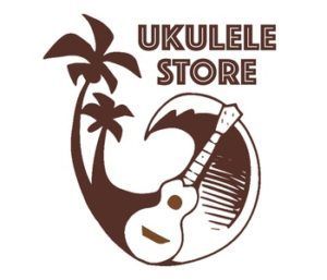 A logo for the ukulele store with a guitar and palm trees