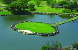 An aerial view of a golf course on a small island in the middle of a lake.