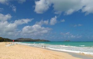 A beach with a blue sky and white clouds