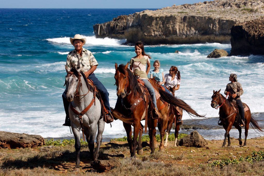 A group of people are riding horses near the ocean