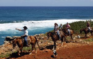 A group of people are riding horses near the ocean.