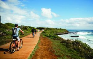 A group of people are riding bicycles down a path next to the ocean.