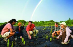 A group of people are kneeling in a field with a rainbow in the background.