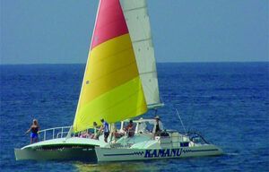 A group of people are sailing a catamaran in the ocean.