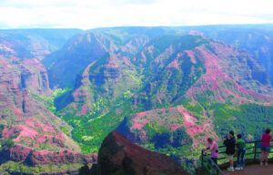 A group of people are standing on top of a cliff overlooking a canyon.