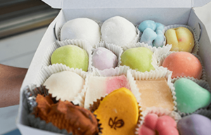A person is holding a box of colorful desserts.