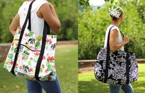 A woman is carrying a large tote bag on her back.