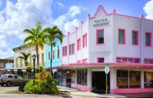 A pink and white building with a palm tree in front of it.