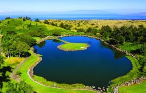 An aerial view of a golf course with a small island in the middle of the lake.