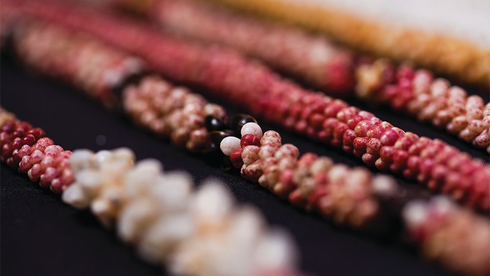 A close up of a necklace made of shells on a table.