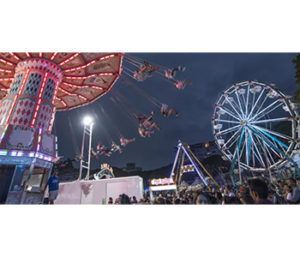 A group of people are riding a ferris wheel at a carnival at night.