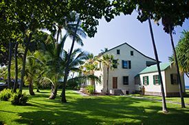 A large white house with green shutters is surrounded by palm trees.