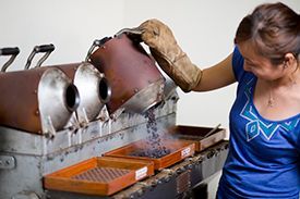 A woman is pouring coffee beans into a machine.