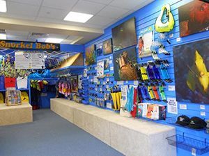 A store with a sign that says snorkel bob 's