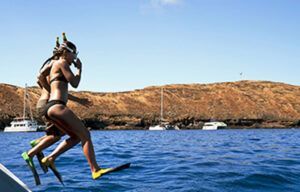 Two people are jumping off a boat into the ocean.