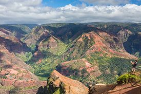 A person is standing on the edge of a cliff overlooking a canyon.
