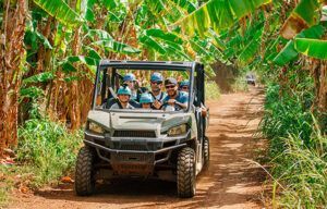 A group of people are riding a atv down a dirt road.