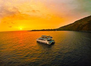 An aerial view of a boat in the ocean at sunset.