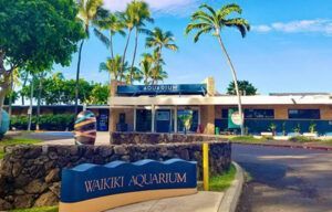 A sign for the waikiki aquarium is in front of a building.
