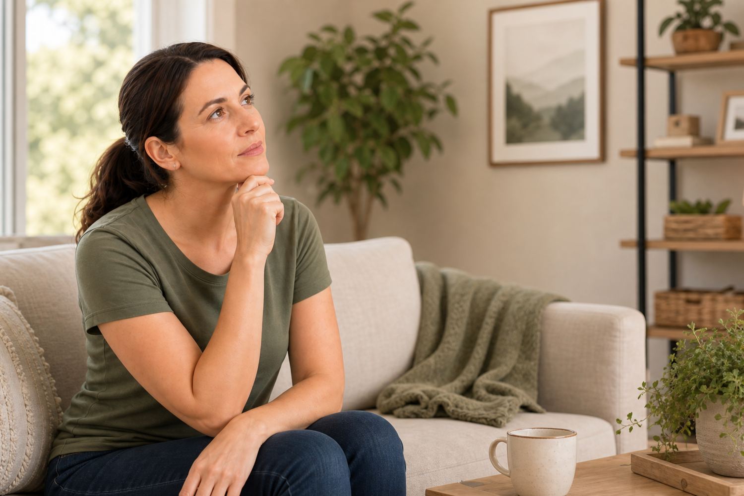 A woman sitting at home in a thoughtful pose considering how many physio sessions she might need