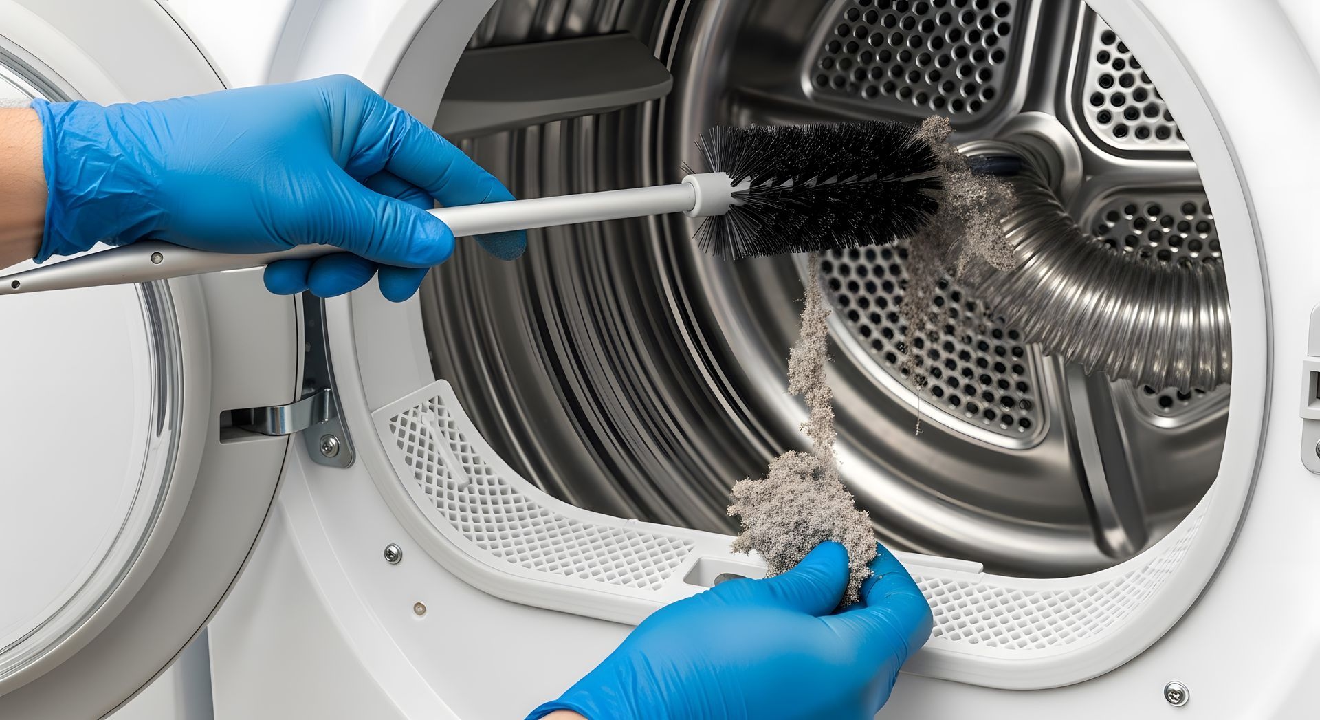 Blue-gloved hands cleaning the inside of a front-load washing machine with a brush