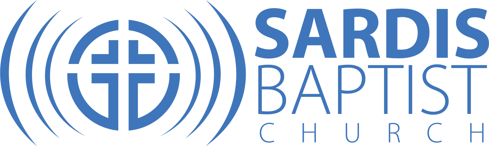 Logo of Sardis Baptist Church: blue cross and concentric circles with text