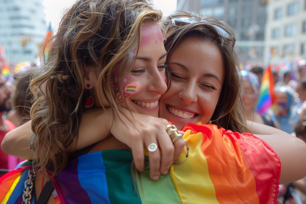 Two women are hugging each other while wearing a rainbow shirt.