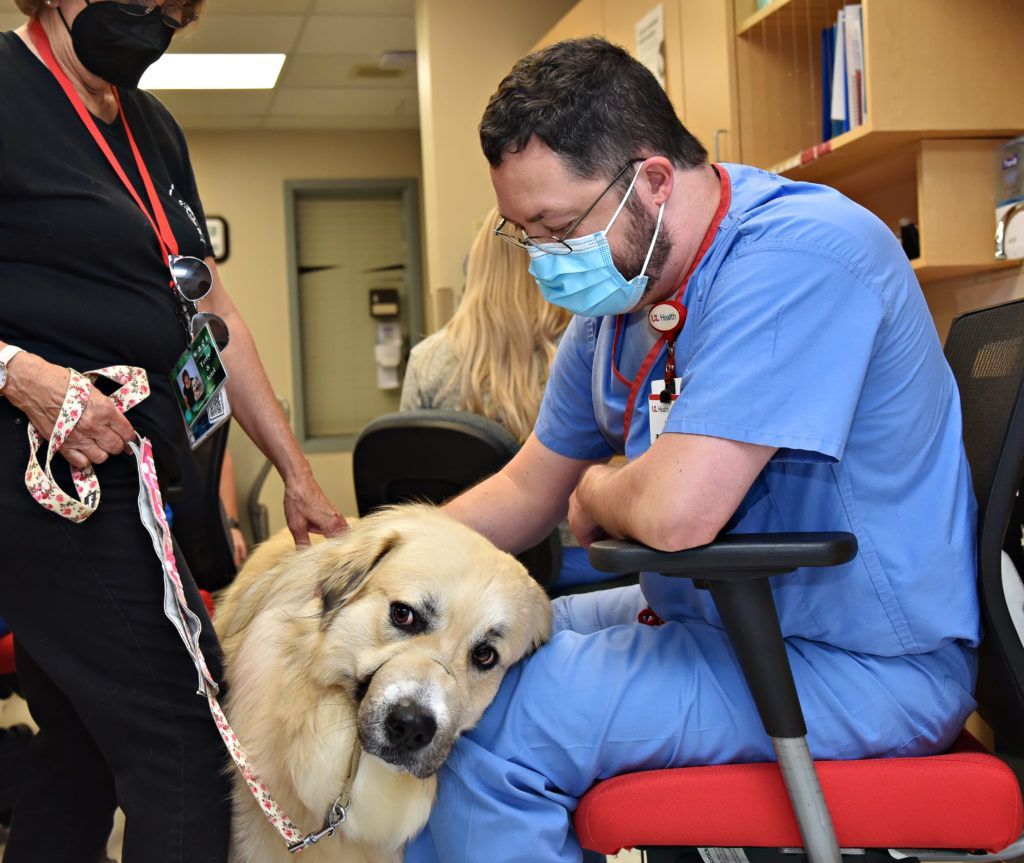 ICU Doctor get loving from a therapy dog