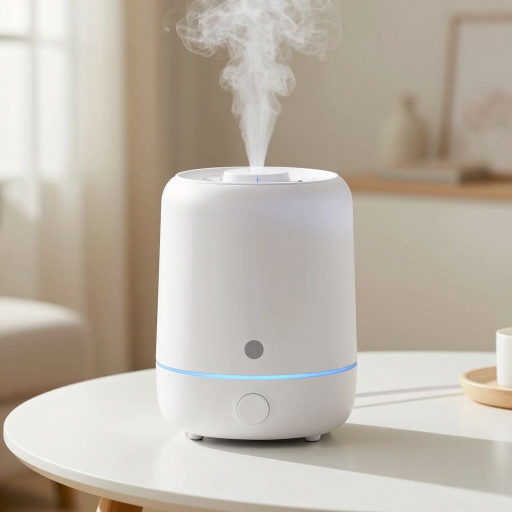 White tabletop humidifier releasing steam on a round table in a bright room