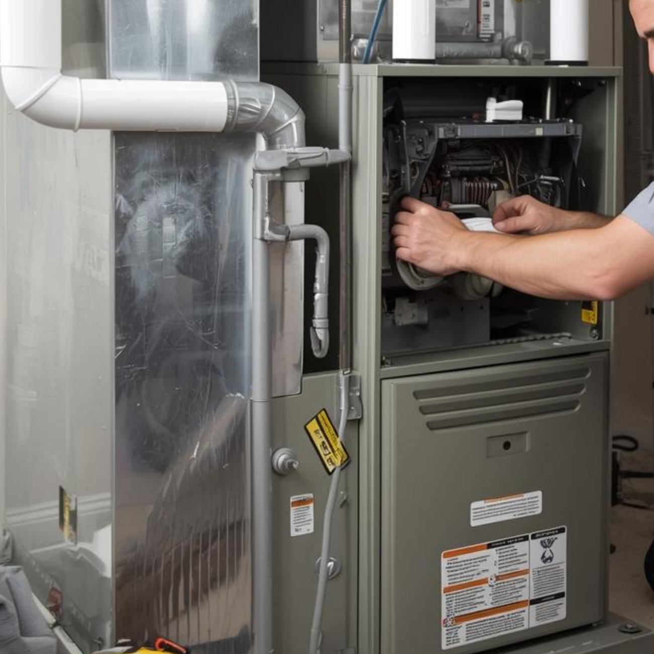 Technician adjusting wiring inside an open furnace beside metal ductwork