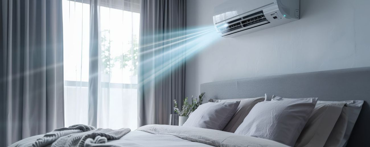 Bedroom with wall-mounted air conditioner blowing cool air across a neatly made bed