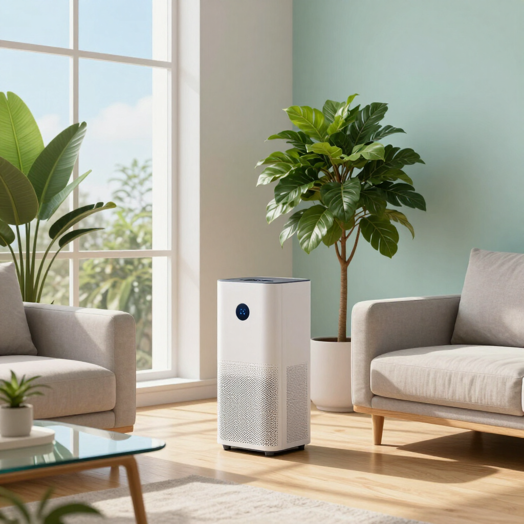Bright living room with a white air purifier between two gray sofas and potted plants near a window