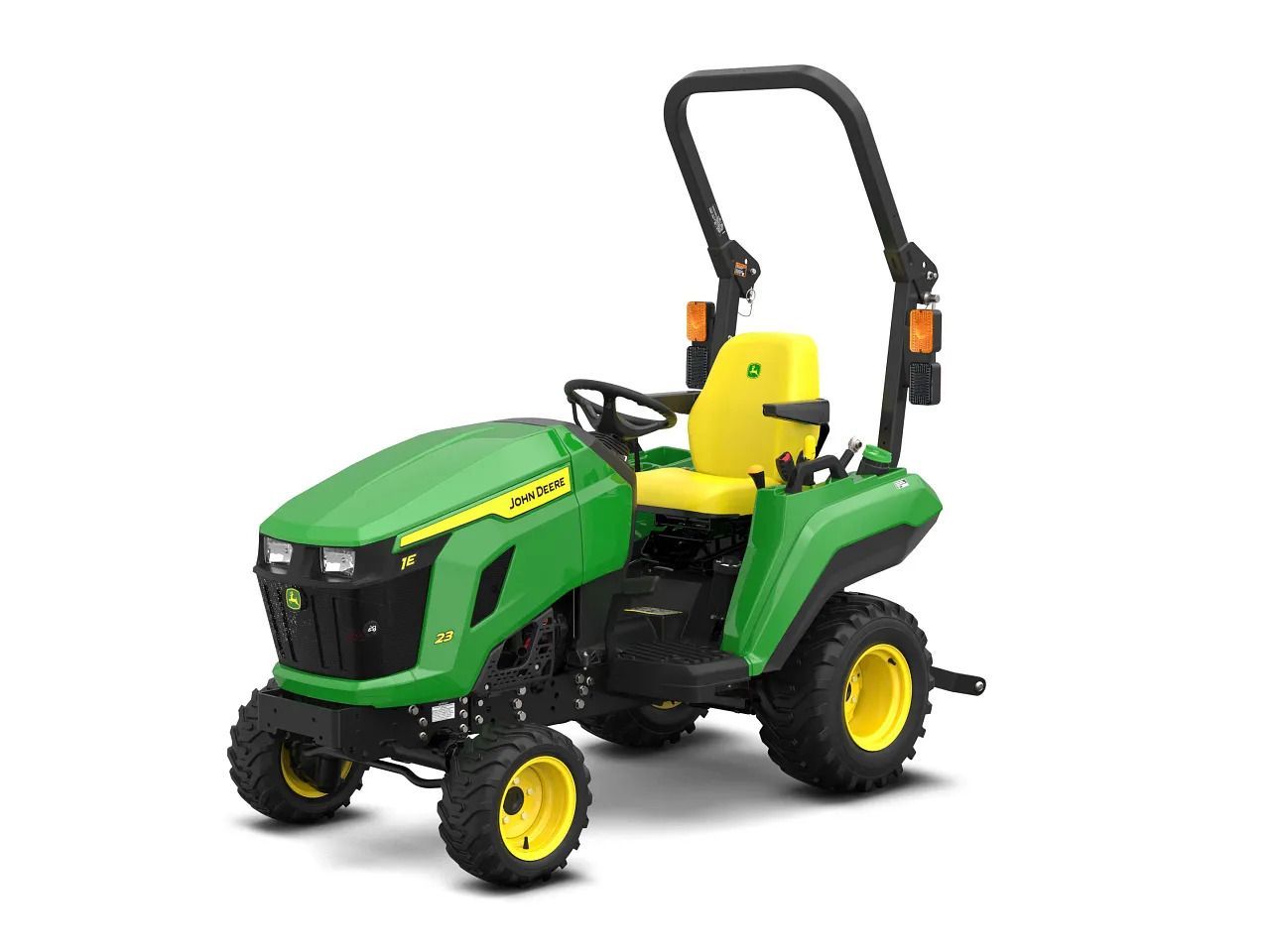 A green and yellow John Deere 1025R compact utility tractor on a white background.