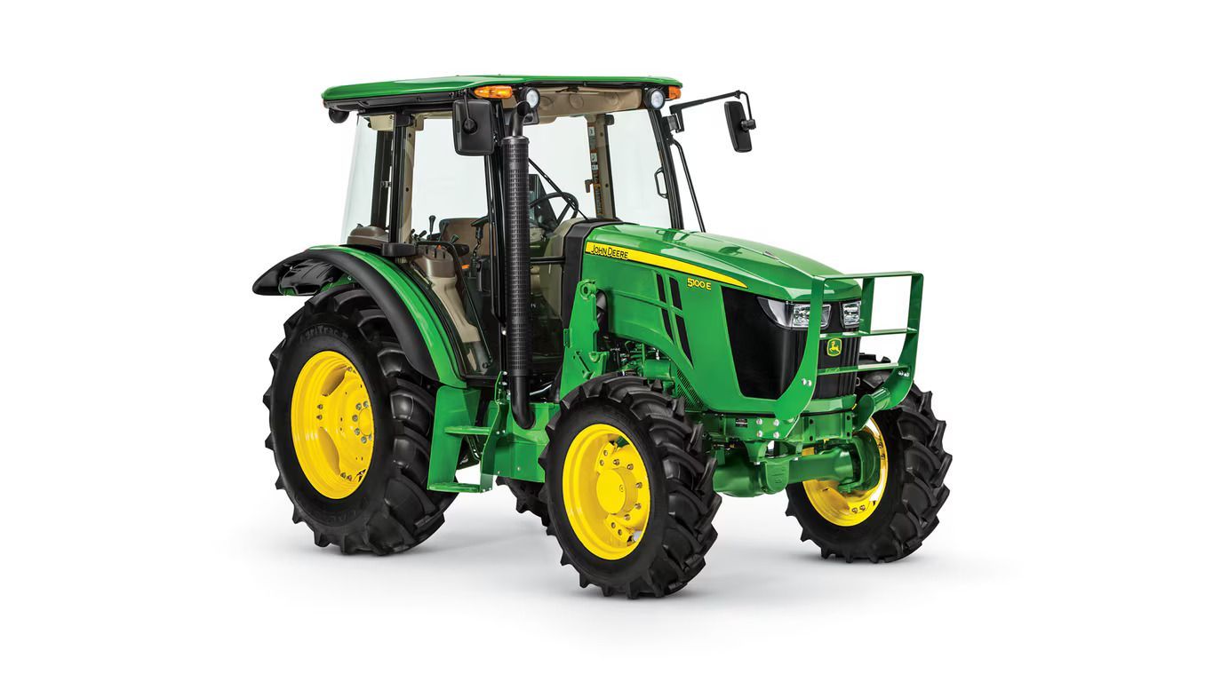 A green and yellow John Deere 5100E utility tractor angled to the right against a plain white background.