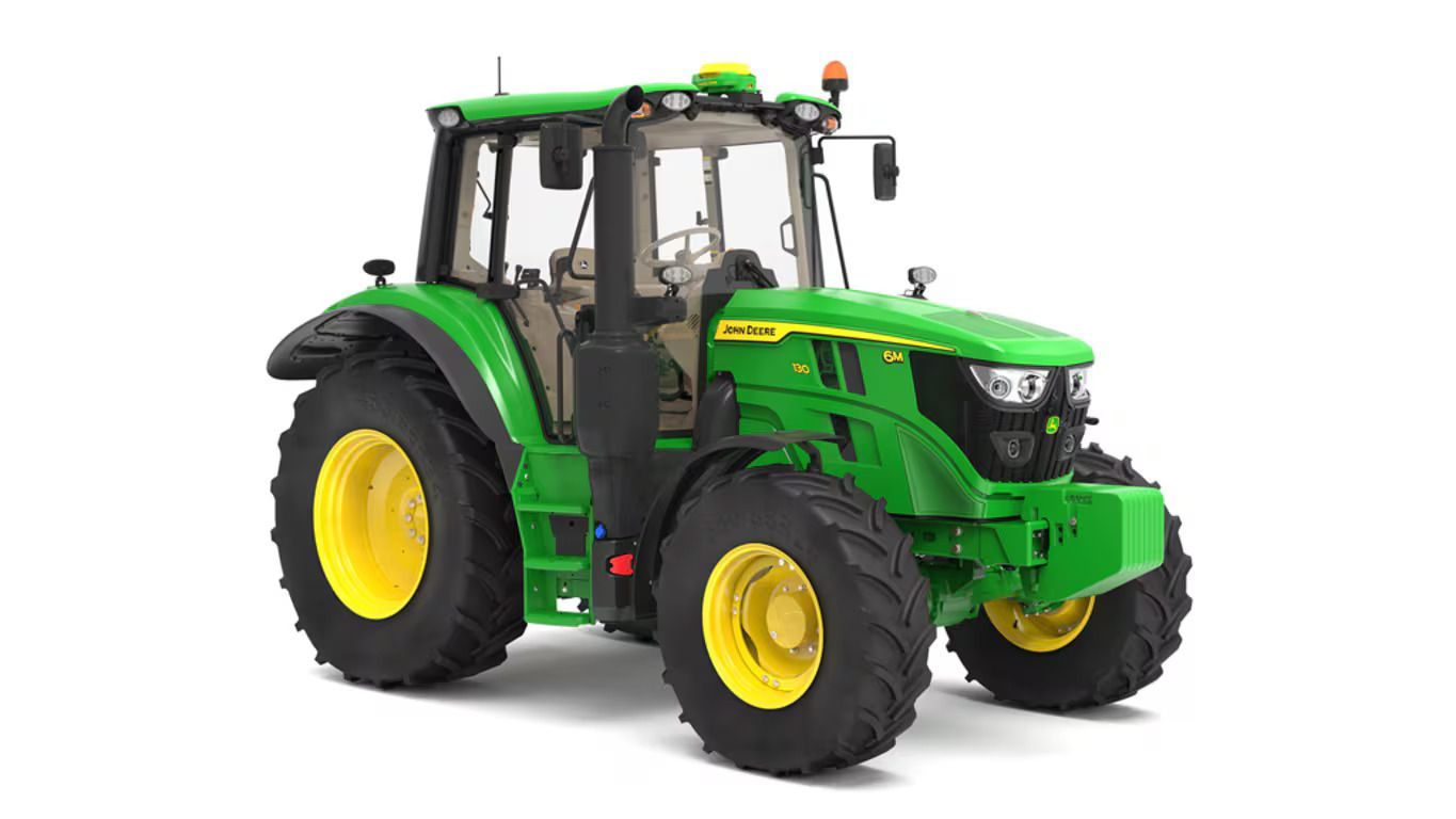 A green and yellow John Deere 6M 130 tractor against a white background.