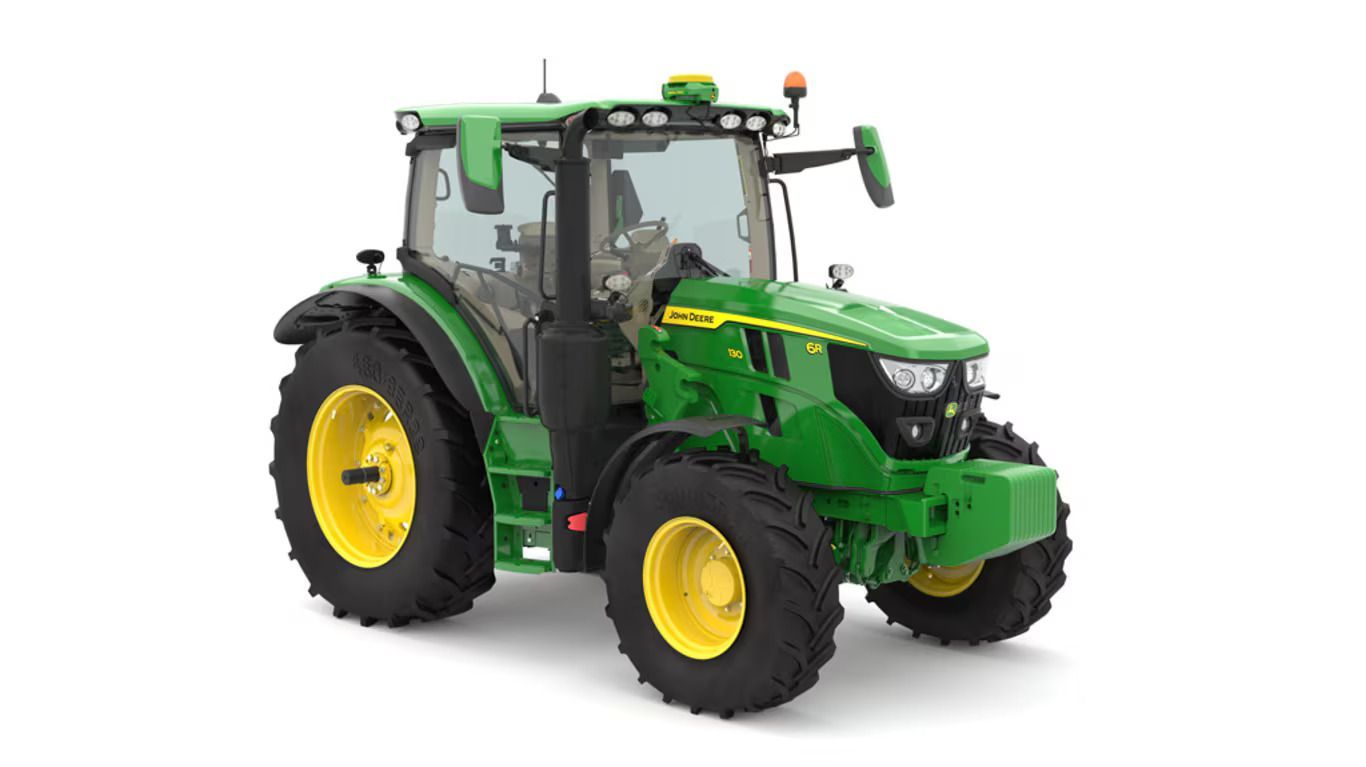 A green and yellow John Deere 6R 130 tractor positioned on a white background.