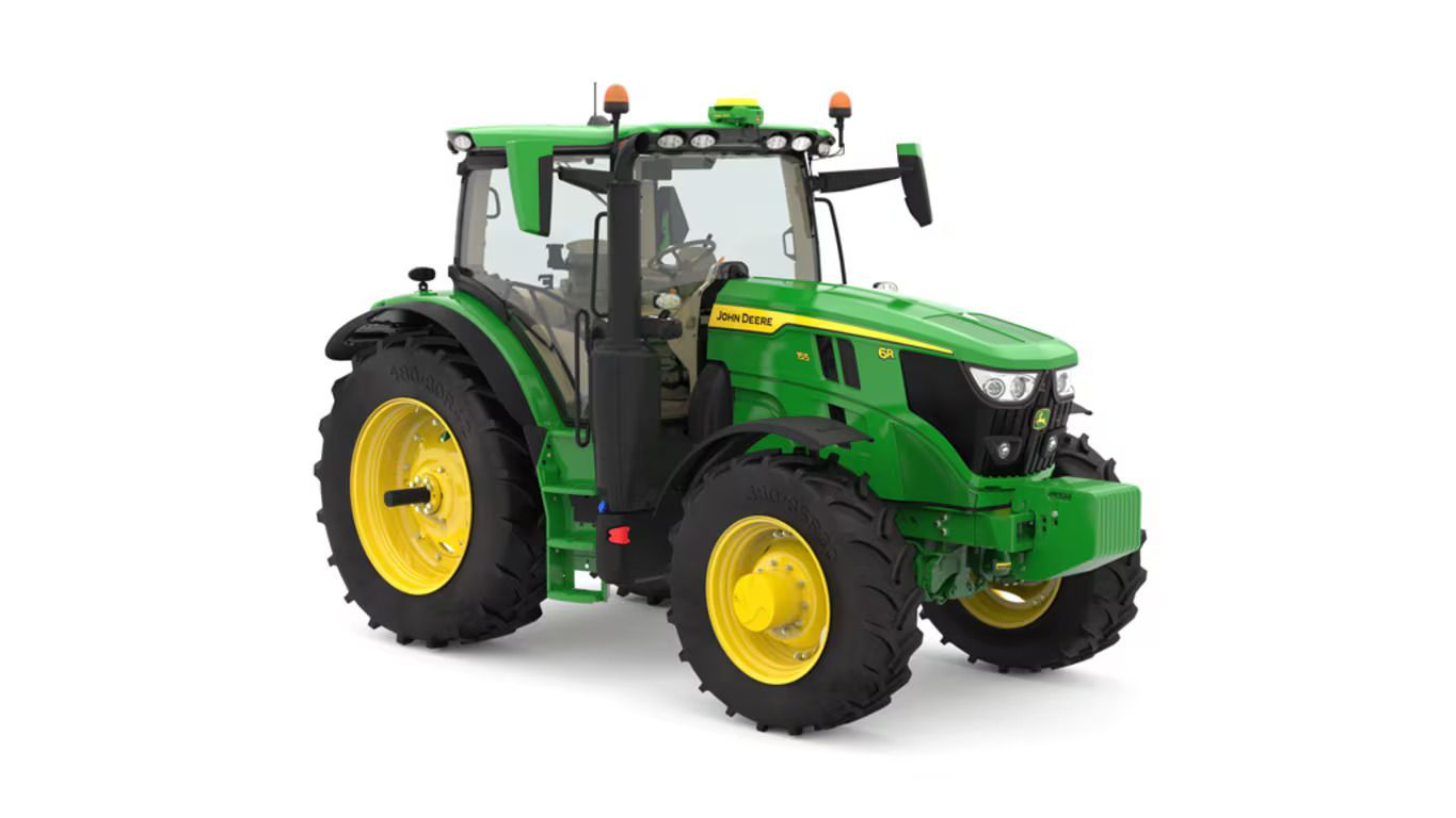 A green and yellow John Deere 6R 155 tractor on a white background.