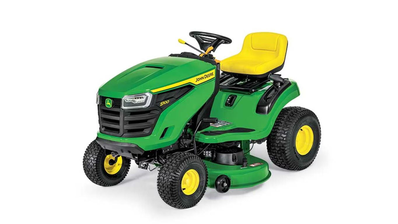 A John Deere riding lawn mower with a green frame and a yellow seat, shown against a plain white background.
