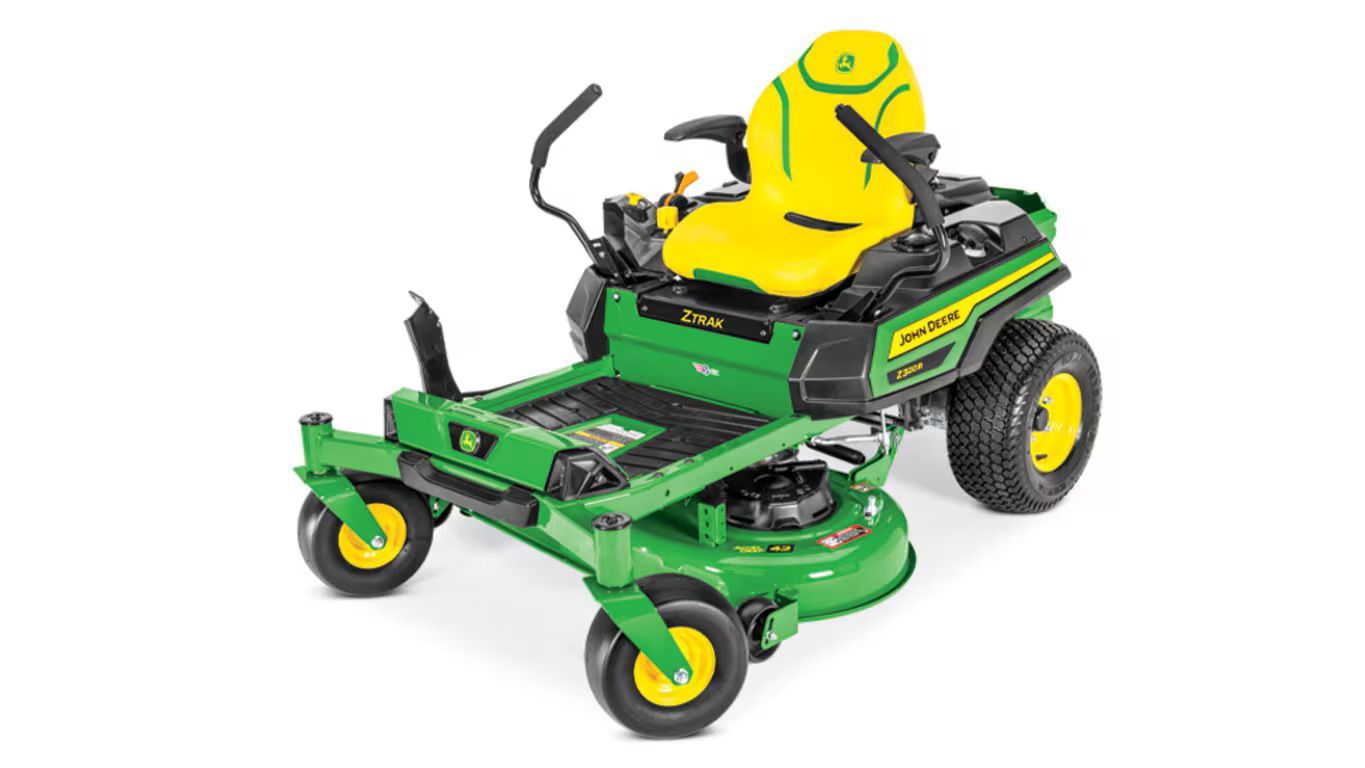 A green and yellow John Deere Z320R zero-turn riding lawn mower on a white background.