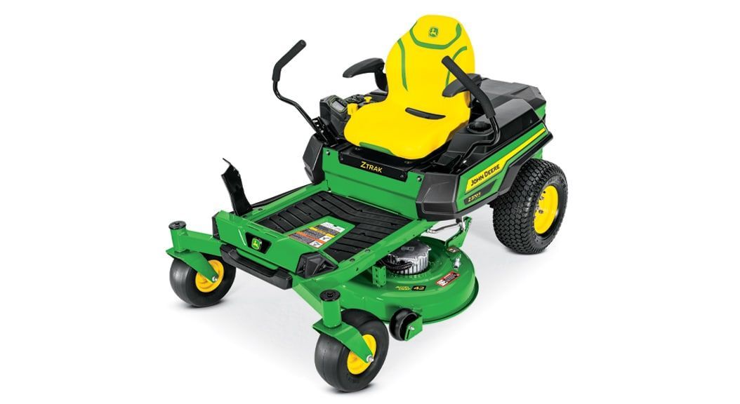 A green and yellow John Deere Z370R electric zero-turn riding lawn mower on a white background.