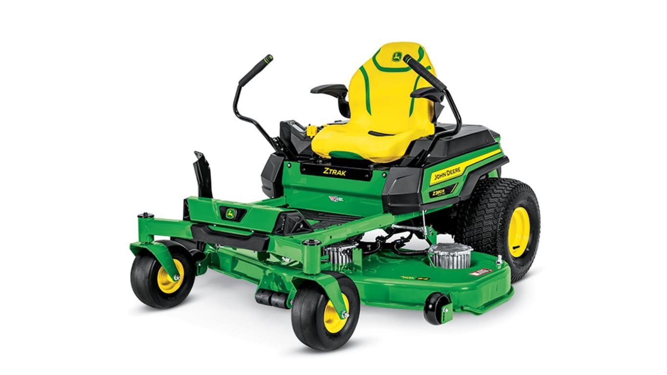 A green and yellow John Deere Z380R electric zero-turn riding lawn mower on a white background.