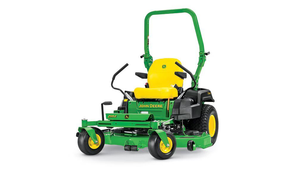 A John Deere zero-turn lawn mower with a yellow seat and green frame, set against a white background.