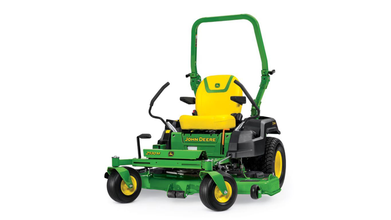 A green and yellow John Deere Z530M zero-turn riding lawn mower on a white background.