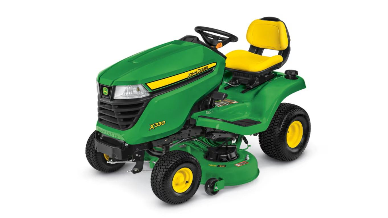 Green John Deere riding lawn mower with yellow seat and wheels, shown on a white background